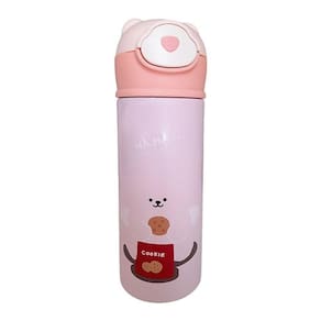 Garrafa Térmica Infantil Rosa 420ml Com Tampa De Ursinho E Canudo Para Bebidas Quentes E Frias