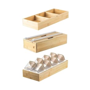 Kit Organizador De Gaveta Com 01 Organizador Multiuso + 01 Organizador Rolos + 01 Organizador Temperos Em Bambu Ou