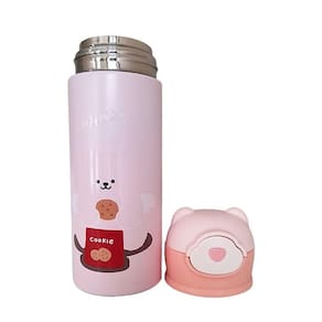 Garrafa Térmica De Ursinho Rosa Infantil Com Canudo De Silicone E Trava 420ml Em Aço Inoxidável