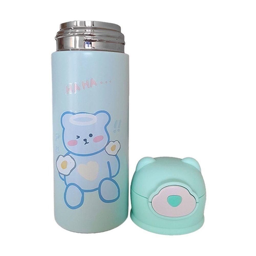 Garrafa Térmica De Ursinho Verde Infantil Com Canudo De Silicone E Trava 420ml Em Aço Inoxidável