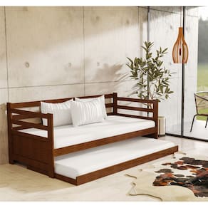 Sofá Cama Madeira Vintage Enjoy Castanho com Prateleira Rústica