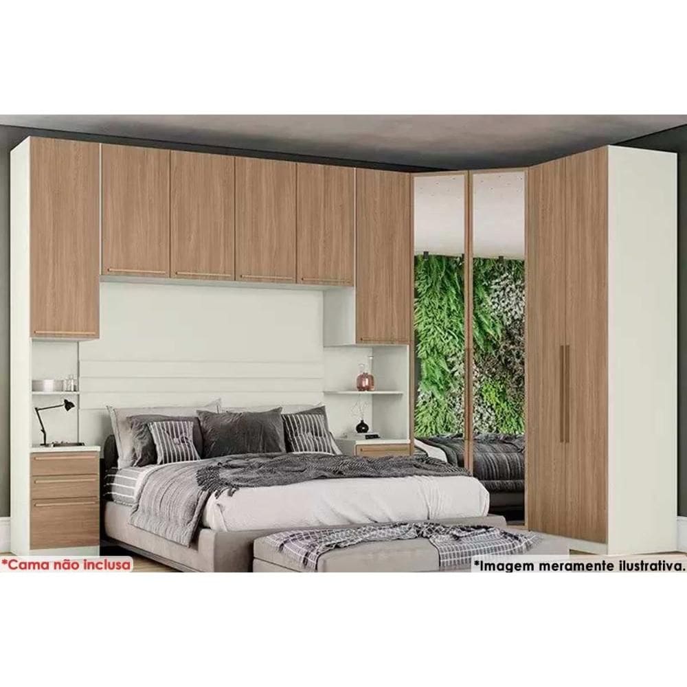 Quarto Casal Modulado Seletto 5 Peças (1 Armário Aéreo + 2 Guarda Roupas + 2 Complementos) QCM69 Areia/Jequitibá - Henn
