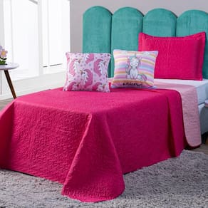 Kit Cobre Leito Unicórnio Listrado Pink/rosa Dupla Face C/ Almofadas Solteiro 04 Peças