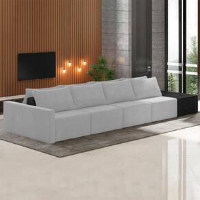 Sofá Ilha Modulado Milos 432cm Puff Lateral Cinza Preto Manchado Veludo/pu G33 - Gran Belo