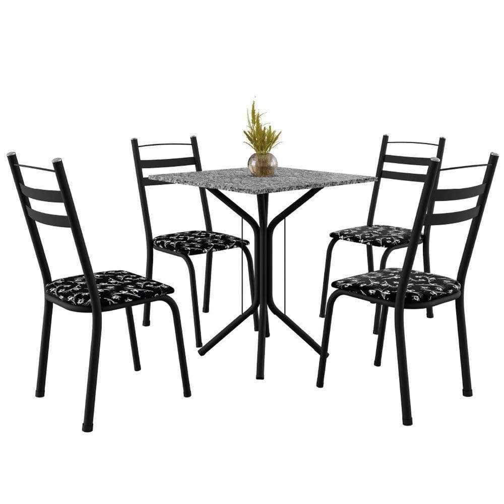 Conjunto Sala De Jantar Mesa Thais Com 4 Cadeiras 0,70m Granito Ocre Preto floral Artefamol