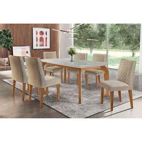 Conjunto: Mesa Sala Jantar Londrina Tampo Madeirado c/ Vidro 180x90cm e 6 Cadeiras Jade Imbuia/Linho Turim - Rufato
