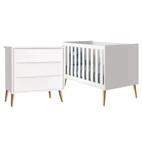 Jogo De Quarto Infantil Berço Branco Fosco Com Pés Madeira Natural- Reller Móveis Branco Fosco