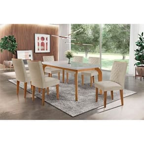 Conjunto: Mesa Sala Jantar Londrina Tampo Madeirado c/ Vidro 180x90cm e 6 Cadeiras Jade Imbuia/Bege Turim - Rufato
