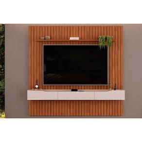 Rack Bancada C/painel P/tv Até 65 Polegadas Pratic Ripado Prateleira 223x240cm Freijo - Dj Móveis