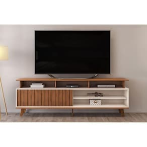 Rack Bancada P/tv Até 70 Polegadas Flow Ripado C/ Nichos E Pés 180x60cm Freijó/off White - Dj Móveis