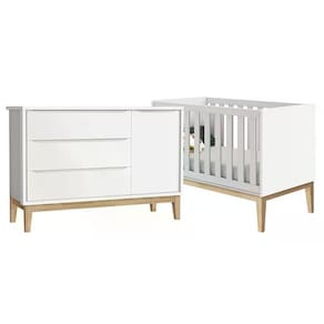 Jogo De Quarto Classic Berço Branco Fosco Com Pés Madeira Natural - Reller Móveis Branco Fosco