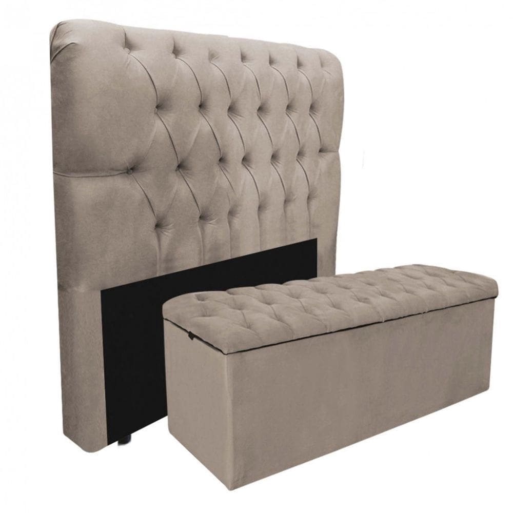 Kit Baú Recamier Mais Cabeceira Madrid King Size Suede Bege