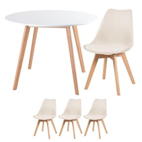 Mesa Redonda 100 Cm Branco + 3 Cadeiras Leda Creme Mesa Branco Com Cadeiras Creme