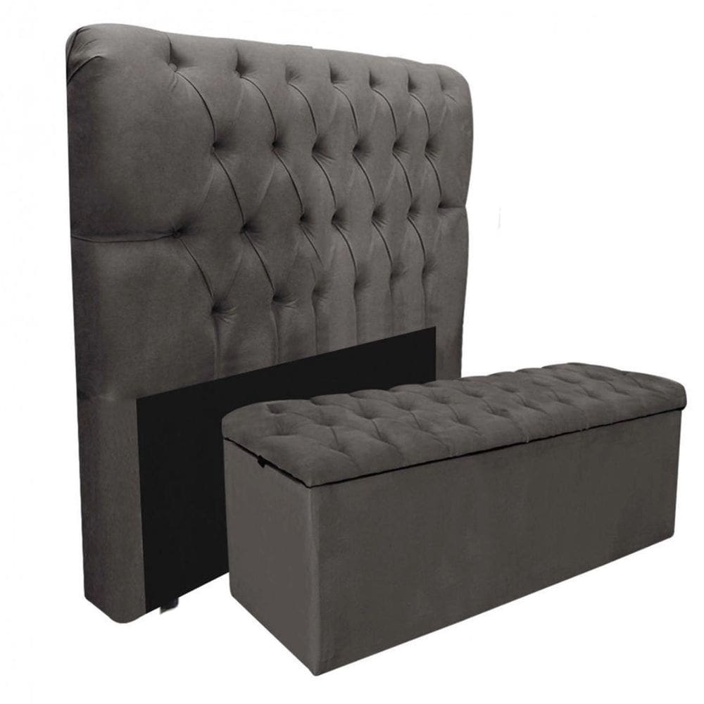 Kit Baú Recamier Mais Cabeceira Madrid King Size Suede Cinza