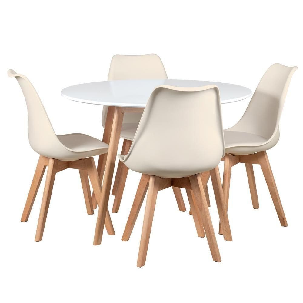 Mesa Redonda 100 Cm Branco + 4 Cadeiras Leda Creme Mesa Branco Com Cadeiras Creme