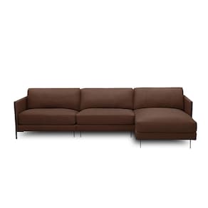 Sofá Decorativo Karine 6 Lugares Sala De Estar 360cm Com Chaise Pés Em Aço Couro Marrom Chocolate