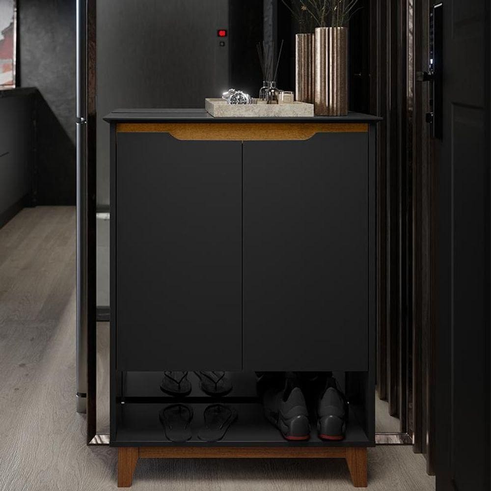 Aparador Sapateira Sala Hall Flow 2 Portas Pés Madeira Preto/freijo Preto/freijo
