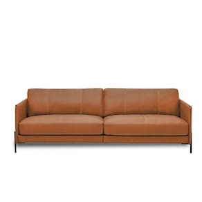 Sofá Decorativo Karine 3 Lugares Sala De Estar 240cm Pés Em Aço Couro Conhaque