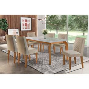 Conjunto: Mesa Sala Jantar Londrina Tampo Madeirado C- Vidro 180x90cm E 6 Cadeiras Jade Imbuia-linho Turim - Rufato