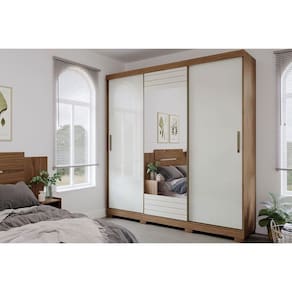 Guarda Roupa Casal 3 Portas De Correr E 4 Gavetas C- Espelho Búzios Cinamomo-off White Panan