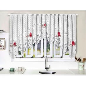 Cortina Renda Cascata Cozinha Branca Bule Vermelho 3X100 Alt