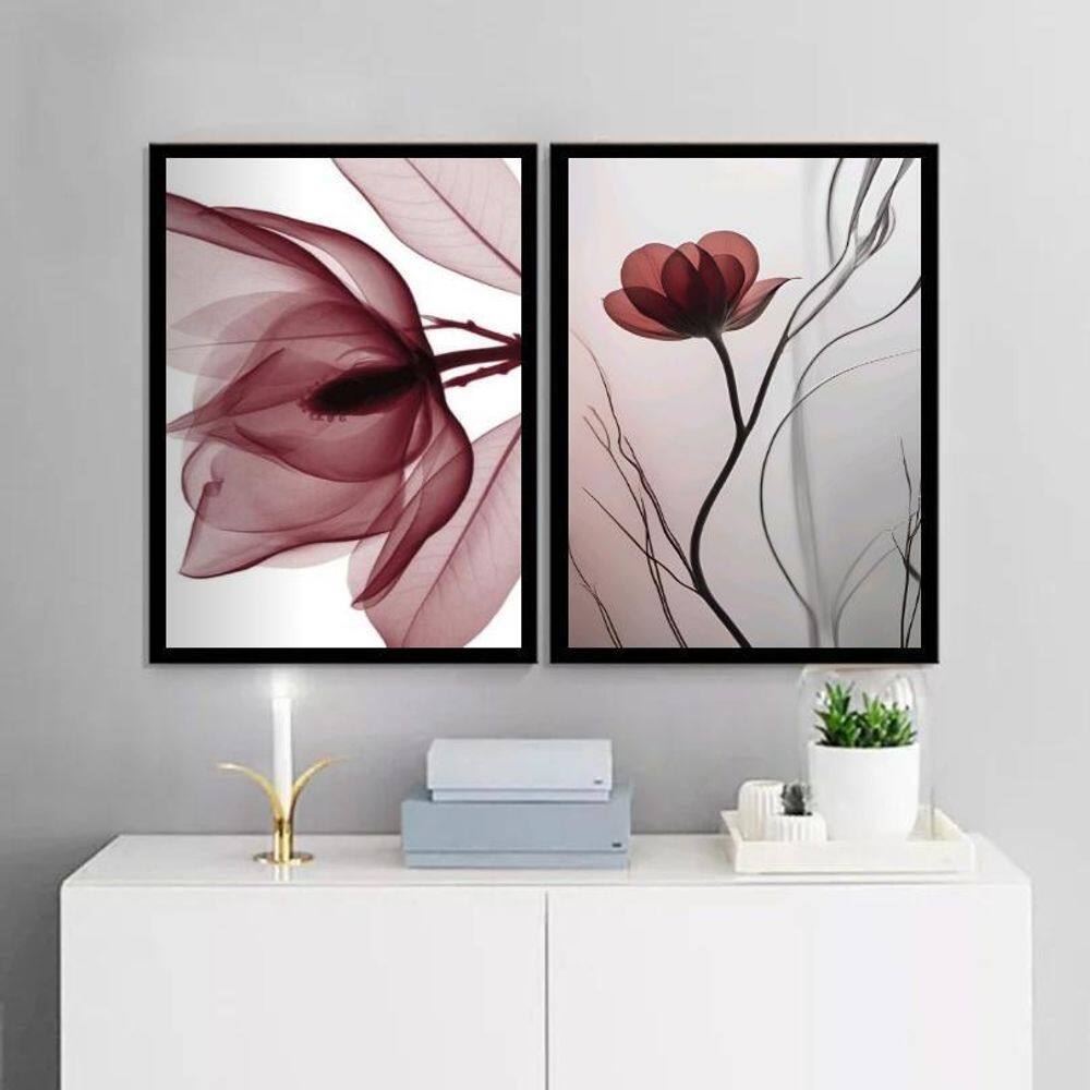 Kit 2 Quadros Modernos Florais Cinza E Bordô 45X34Cm - Vidro