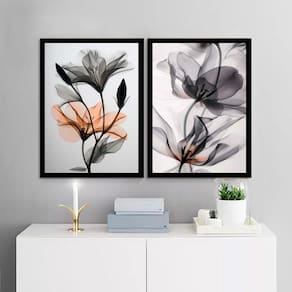 Kit 2 Quadros Modernos Florais Cinza E Laranja 33X24Cm Vidro