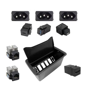 Caixa De Embutir Em Mesa Móveis New 6 Slim 3 Tomadas 3 USB 1 HDMI 2 RJ45 Preta