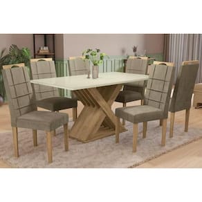 Sala de Jantar Completa Graviola Tampo Madeirado c/ Vidro 90x160cm e 6 Cadeiras 2CAD150 Freijo/Off White/Vidro Off White - Eucalipto/V - Kappesberg