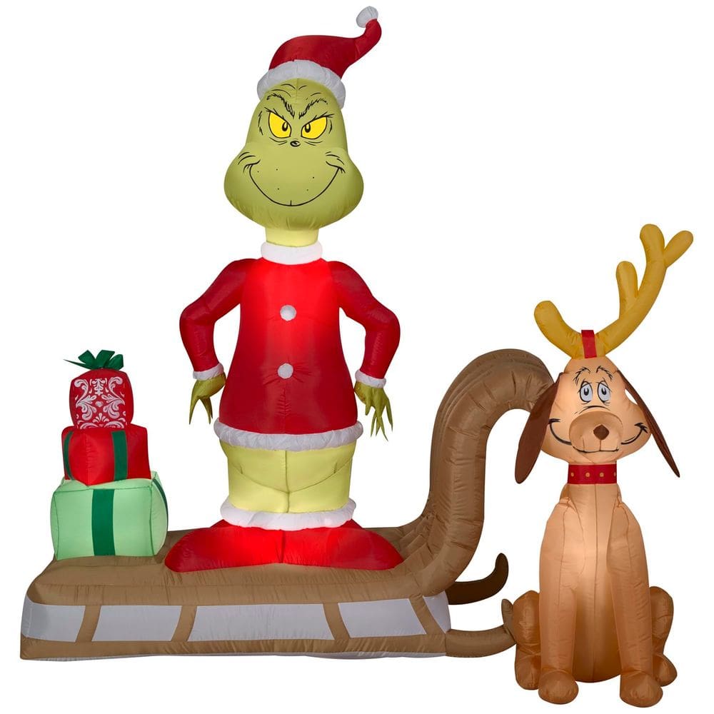 Cena de Natal inflável Gemmy Grinch e Max Sled 180cm