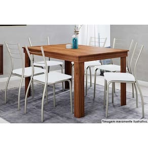 Sala de Jantar Completa 1543 c/ Tampo Madeirado 136x80cm e 6 Cadeiras 1700 Prata - Assento Courano Branco - Carraro