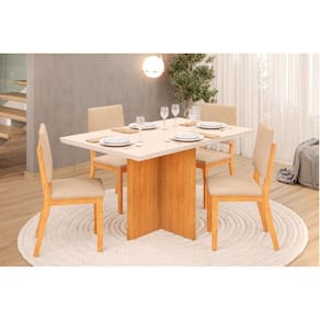 Sala de Jantar Completa Italia c/ Tampo Madeirado c/ Vidro 120x90cm e 4 Cadeiras Talia Cedro/Off White - Suede Creme - DJ Móveis