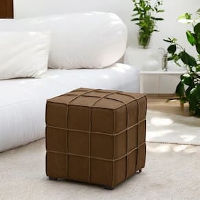 Puff Decorativo Augusto 43cm Sala De Estar Couro Marrom Claro Manchado G88 - Gran Belo