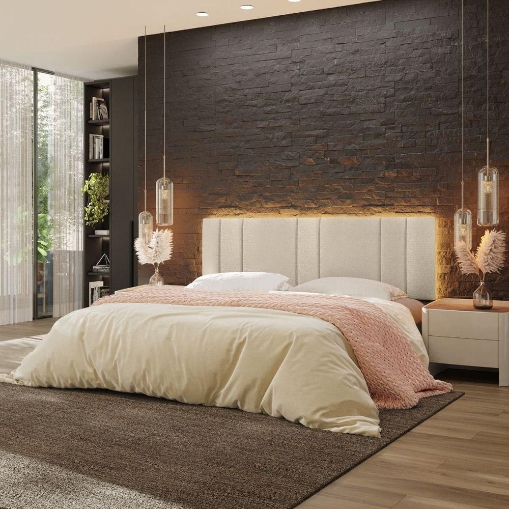 Cabeceira Estofada Cama Casal King Size Led Splend 200 Cm Buclé Bege