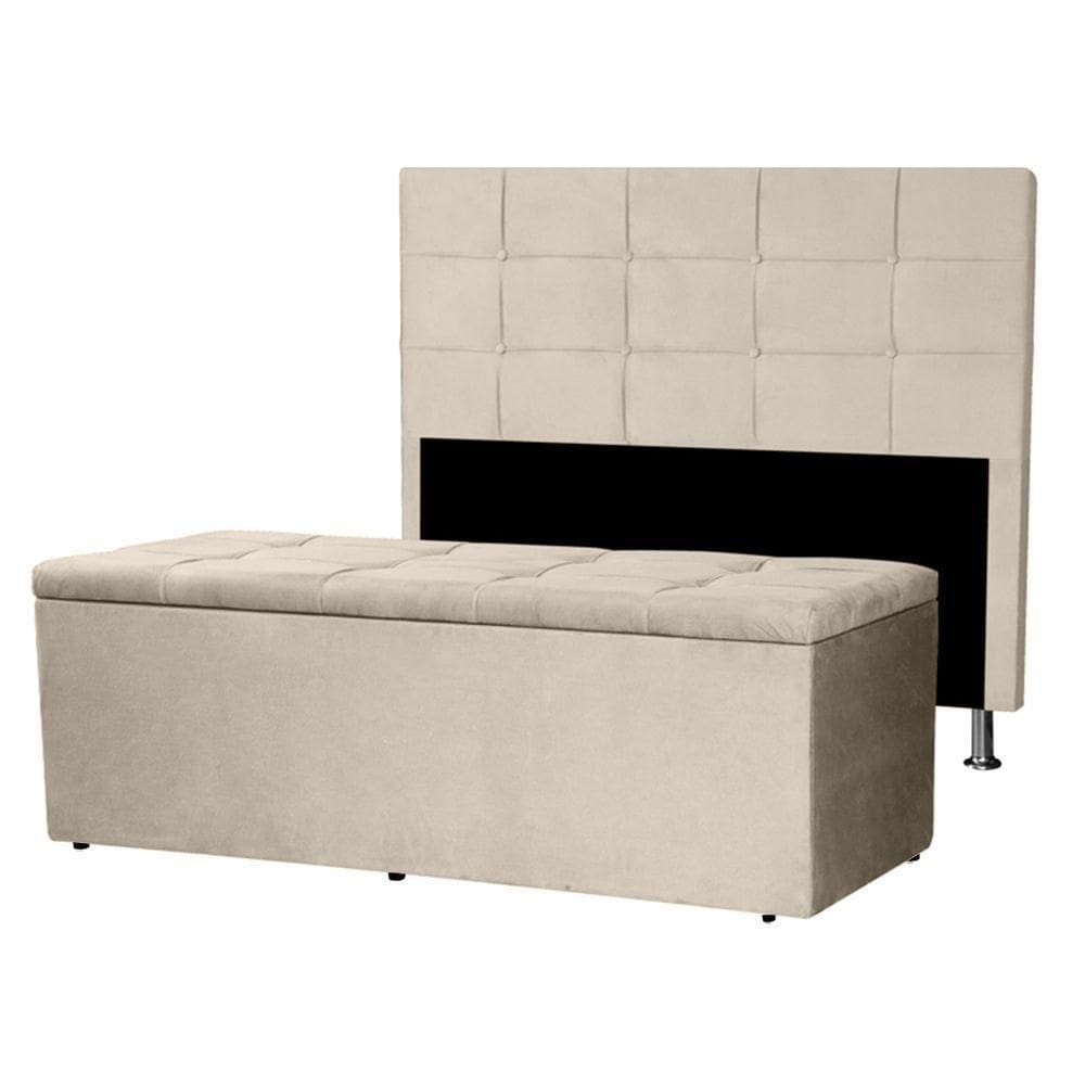 Kit Cabeceira E Calçadeira Baú Solteiro 0,90m Roma Suede Bege - Pallazio