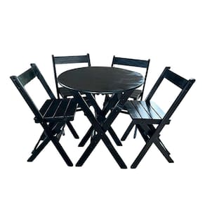 Conjunto Mesa Redondo 70cm Dobrável Com 4 Cadeiras Em Madeira Maciça - Preto - Preto