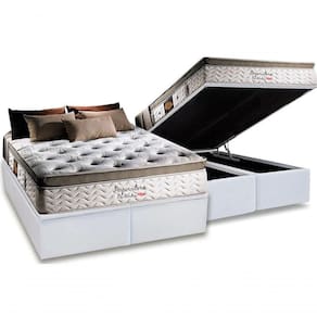 Conjunto: Baú Bipartido Courino Branco + Colchão Herval Imperatore Molas Ensacadas Casal 138x188x82