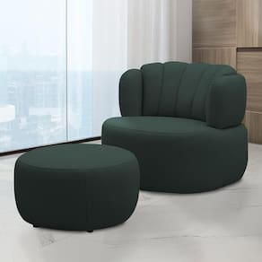 Conjunto Sala De Estar Mariele Poltrona Base Giratória Aço Com Puff Couro Verde Musgo