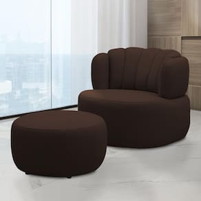 Conjunto Sala De Estar Mariele Poltrona Base Giratória Aço Com Puff Couro Marrom Chocolate