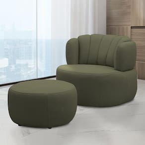 Conjunto Sala De Estar Mariele Poltrona Base Giratória Aço Com Puff Couro Fendi