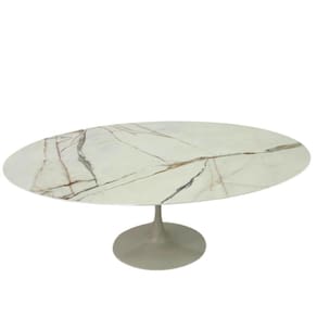 Mesa De Jantar Saarinen Oval 137x90 Cm Mdf Calacata Marmorizada Gelo Branco