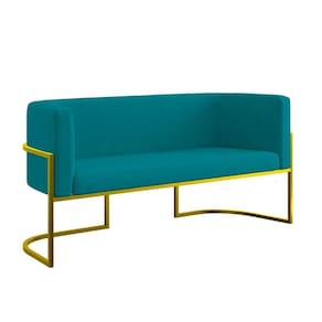 Sofá 2 Lugares Com Base De Metal Dourada Reforçada Azul Turquesa