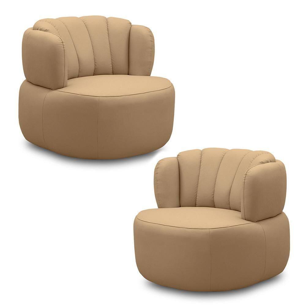 Kit 2 Poltronas Decorativas Mariele Sala De Estar Base Giratória Em Aço Couro Nude G88 - Gran Belo
