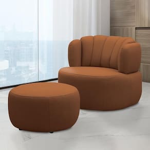 Conjunto Sala De Estar Mariele Poltrona Base Giratória Aço Com Puff Couro Conhaque