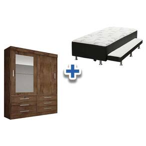 Cama Box Conjugada Solteiro c/ Aux Ortobom + Guarda Roupa Sonare Canela