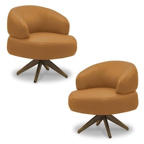Kit 2 Poltronas Decorativas Katy Sala De Estar Base Giratória Madeira Couro Caramelo