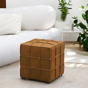 Puff Decorativo Augusto 43cm Sala De Estar Couro Caramelo Manchado G88 - Gran Belo