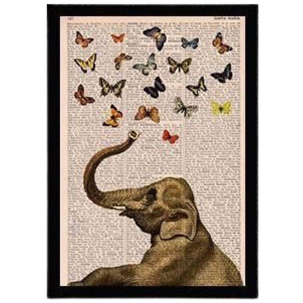 Quadro Decorativo Elefante Com Borboletas Com Vidro 24X18Cm
