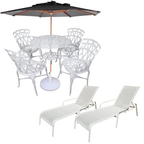 Conjunto Com Mesa Ripada + 4 Cadeiras De Jardim E Piscina + Ombrelone Com Base Preto