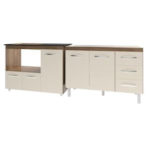 Armário Cozinha Balcão Gabinete De Pia 120 Cm Bruna E Balcão Alana Para Fogão Cooktop 4 Bocas E Forno Savana Off White